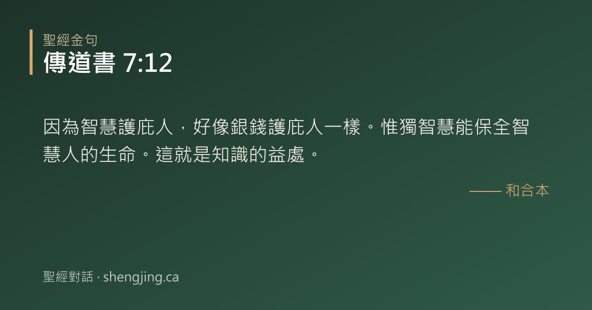 傳道書 7:12 經文圖片:因為智慧護庇人，好像銀錢護庇人一樣。惟獨智慧能保全智慧人的生命。這就是知識的益處