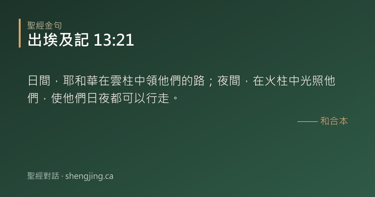 出埃及記 13:21 經文圖片:日間，耶和華在雲柱中領他們的路；夜間，在火柱中光照他們，使他們日夜都可以行走。