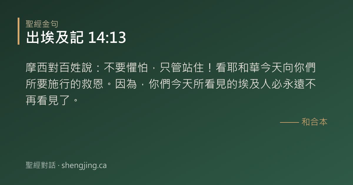 出埃及記 14:13 經文圖片:摩西對百姓說：不要懼怕，只管站住！看耶和華今天向你們所要施行的救恩。因為，你們今