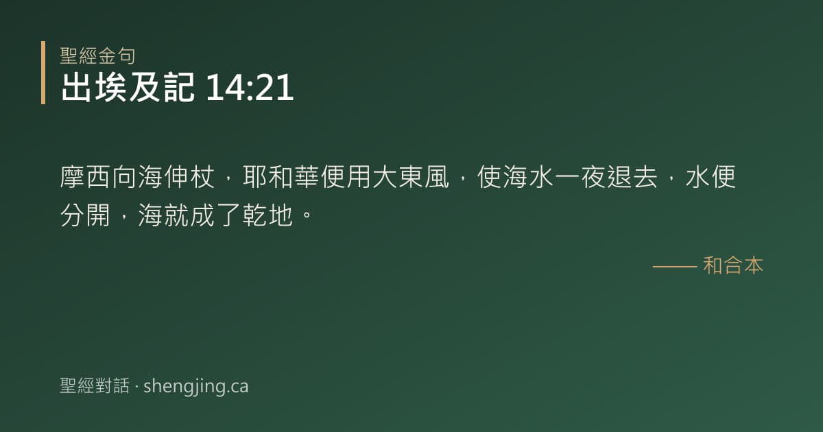 出埃及記 14:21 經文圖片:摩西向海伸杖，耶和華便用大東風，使海水一夜退去，水便分開，海就成了乾地。