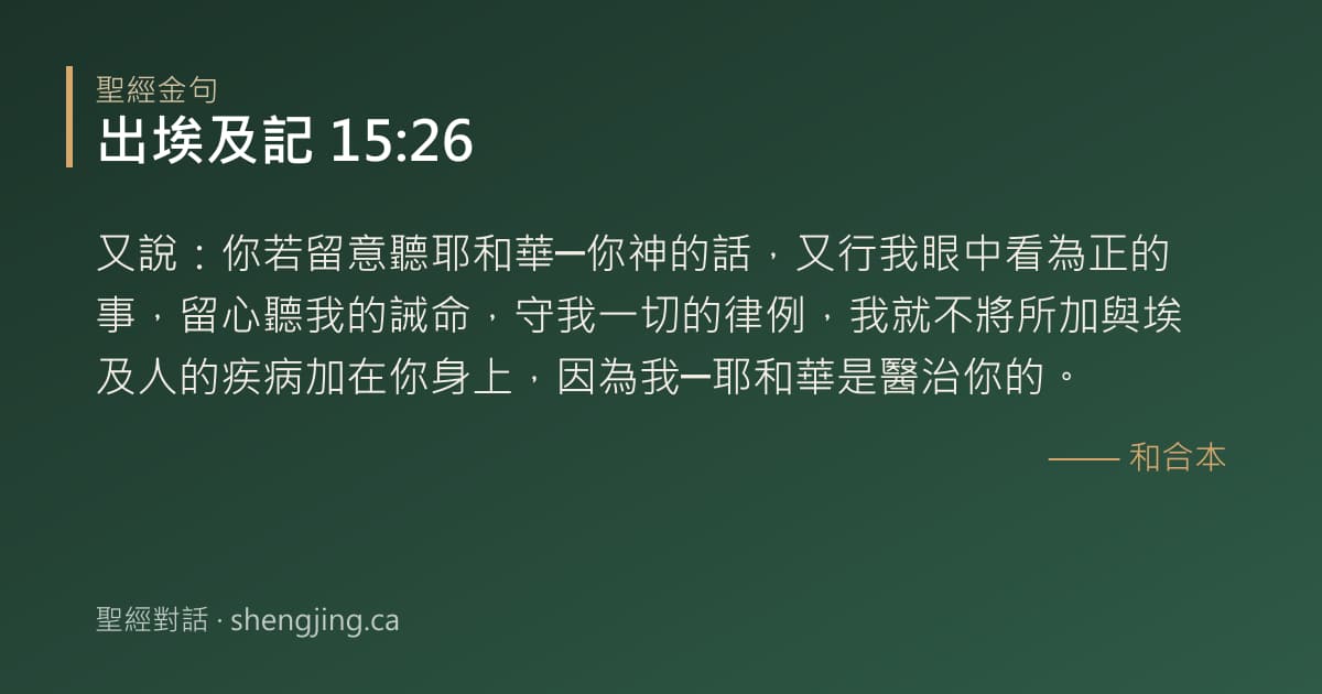 出埃及記 15:26 經文圖片:又說：你若留意聽耶和華─你神的話，又行我眼中看為正的事，留心聽我的誡命，守我一切