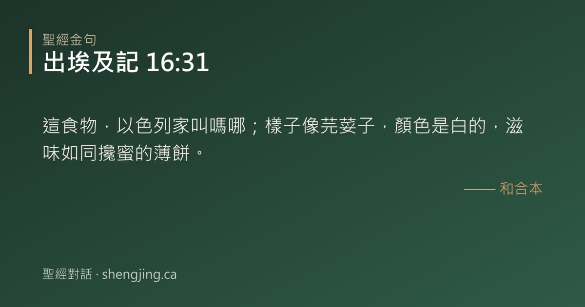 出埃及記 16:31 經文圖片:這食物，以色列家叫嗎哪；樣子像芫荽子，顏色是白的，滋味如同攙蜜的薄餅。