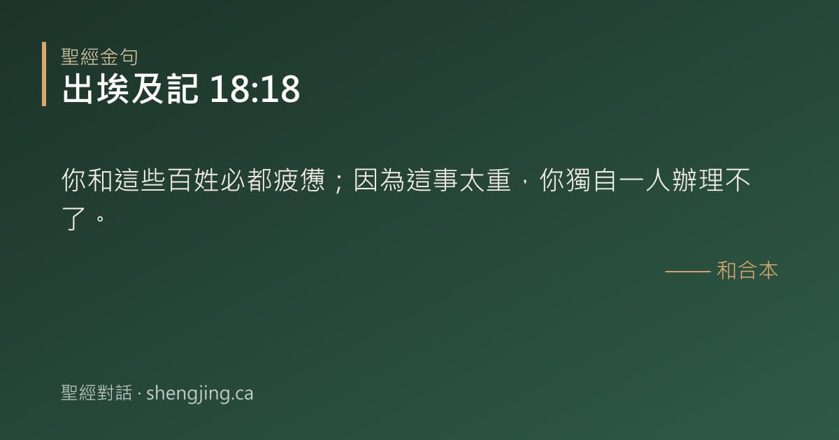出埃及記 18:18 經文圖片:你和這些百姓必都疲憊；因為這事太重，你獨自一人辦理不了。