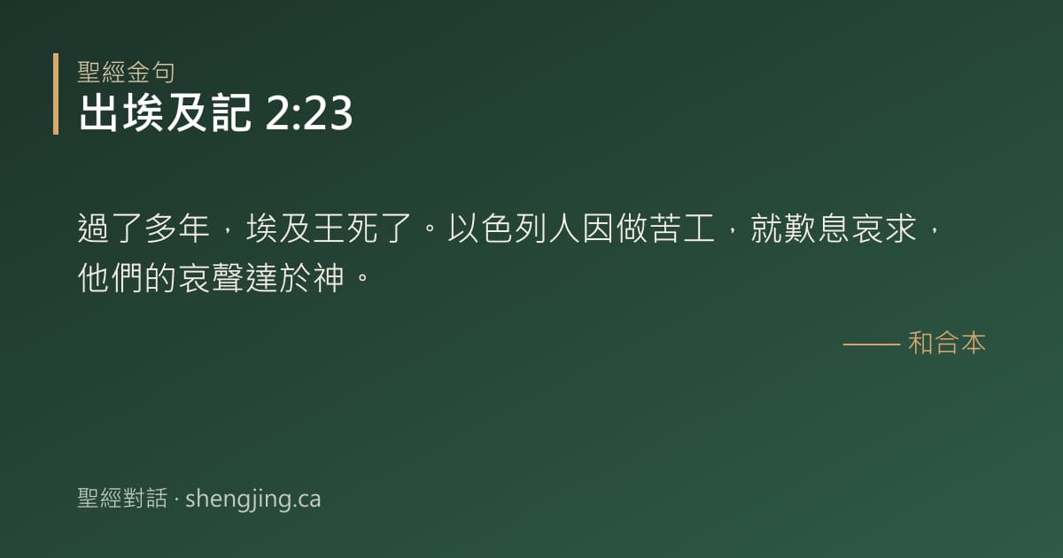 出埃及記 2:23 經文圖片:過了多年，埃及王死了。以色列人因做苦工，就歎息哀求，他們的哀聲達於神。