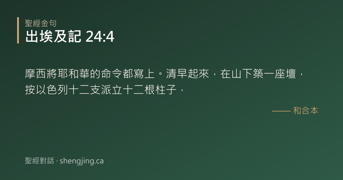出埃及記 24:4 經文圖片:摩西將耶和華的命令都寫上。清早起來，在山下築一座壇，按以色列十二支派立十二根柱子