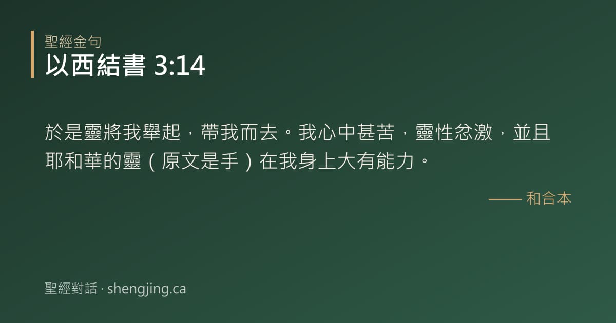 以西結書 3:14 經文圖片:於是靈將我舉起，帶我而去。我心中甚苦，靈性忿激，並且耶和華的靈（原文是手）在我身