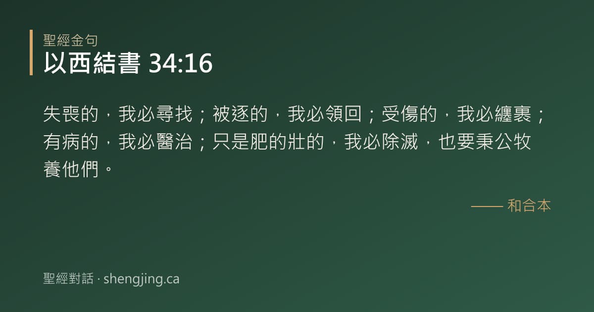 以西結書 34:16 經文圖片:失喪的，我必尋找；被逐的，我必領回；受傷的，我必纏裹；有病的，我必醫治；只是肥的