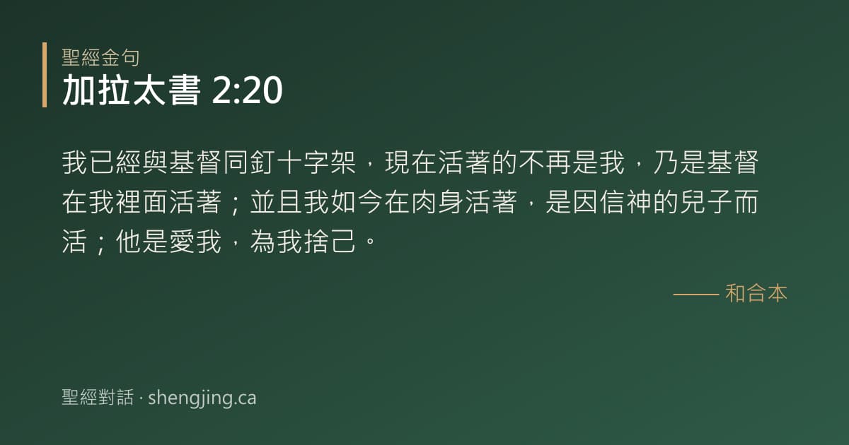 加拉太書 2:20 經文圖片:我已經與基督同釘十字架，現在活著的不再是我，乃是基督在我裡面活著；並且我如今在肉