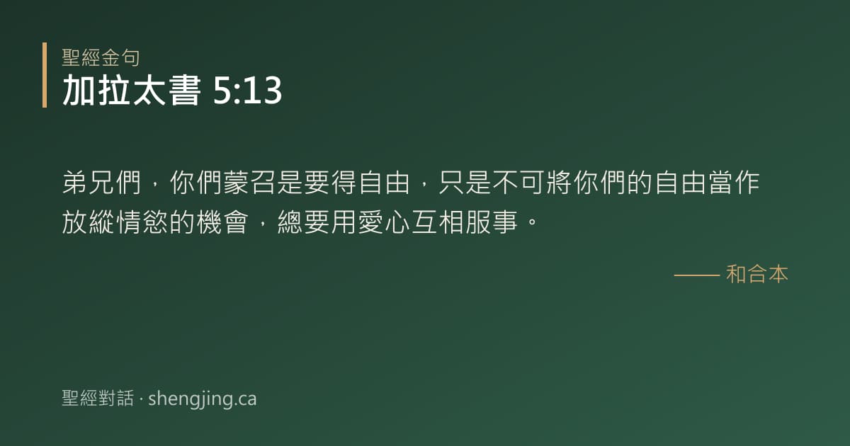 加拉太書 5:13 經文圖片:弟兄們，你們蒙召是要得自由，只是不可將你們的自由當作放縱情慾的機會，總要用愛心互
