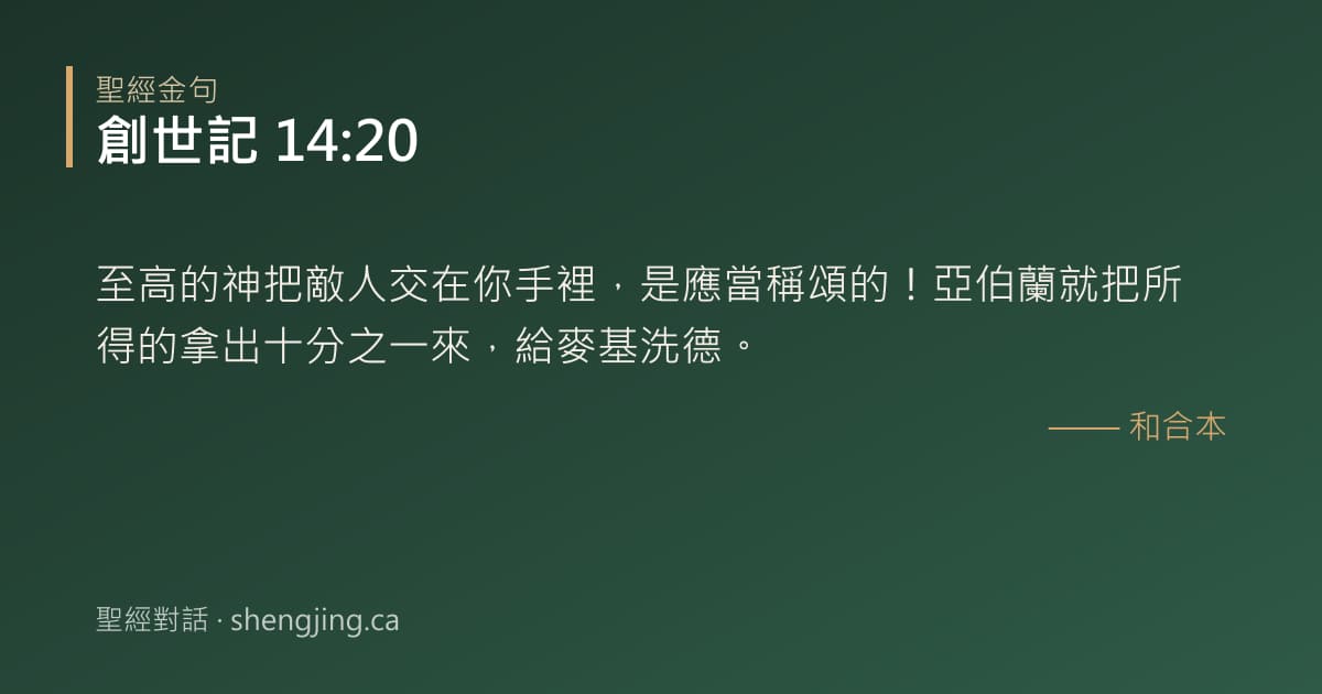 創世記 14:20 經文圖片:至高的神把敵人交在你手裡，是應當稱頌的！亞伯蘭就把所得的拿出十分之一來，給麥基洗