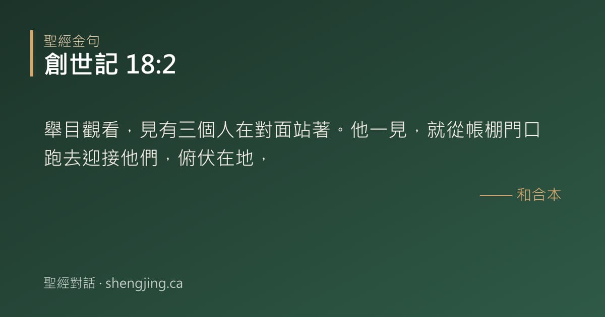 創世記 18:2 經文圖片:舉目觀看，見有三個人在對面站著。他一見，就從帳棚門口跑去迎接他們，俯伏在地，