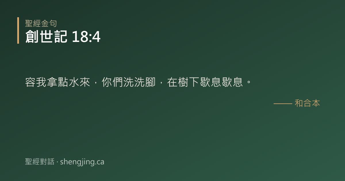創世記 18:4 經文圖片:容我拿點水來，你們洗洗腳，在樹下歇息歇息。