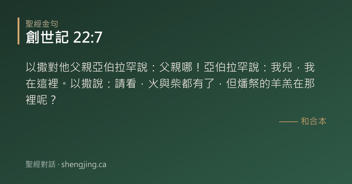 創世記 22:7 經文圖片:以撒對他父親亞伯拉罕說：父親哪！亞伯拉罕說：我兒，我在這裡。以撒說：請看，火與柴