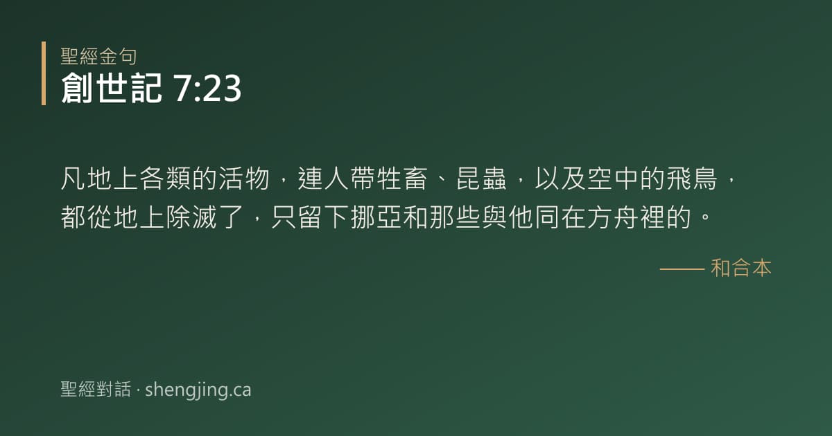 創世記 7:23 經文圖片:凡地上各類的活物，連人帶牲畜、昆蟲，以及空中的飛鳥，都從地上除滅了，只留下挪亞和
