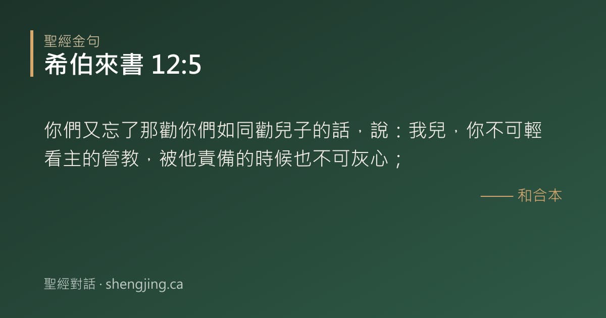 希伯來書 12:5 經文圖片:你們又忘了那勸你們如同勸兒子的話，說：我兒，你不可輕看主的管教，被他責備的時候也