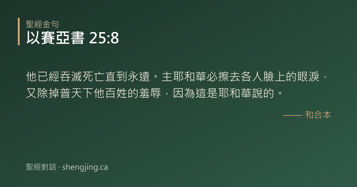 以賽亞書 25:8 經文圖片:他已經吞滅死亡直到永遠。主耶和華必擦去各人臉上的眼淚，又除掉普天下他百姓的羞辱，
