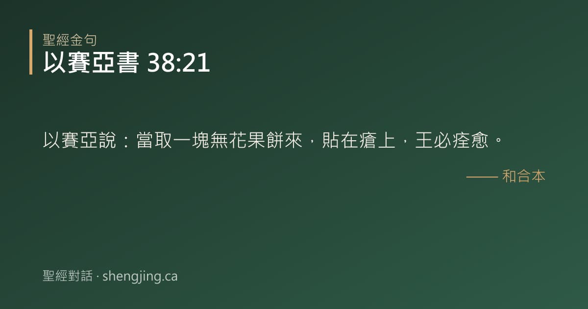 以賽亞書 38:21 經文圖片:以賽亞說：當取一塊無花果餅來，貼在瘡上，王必痊愈。
