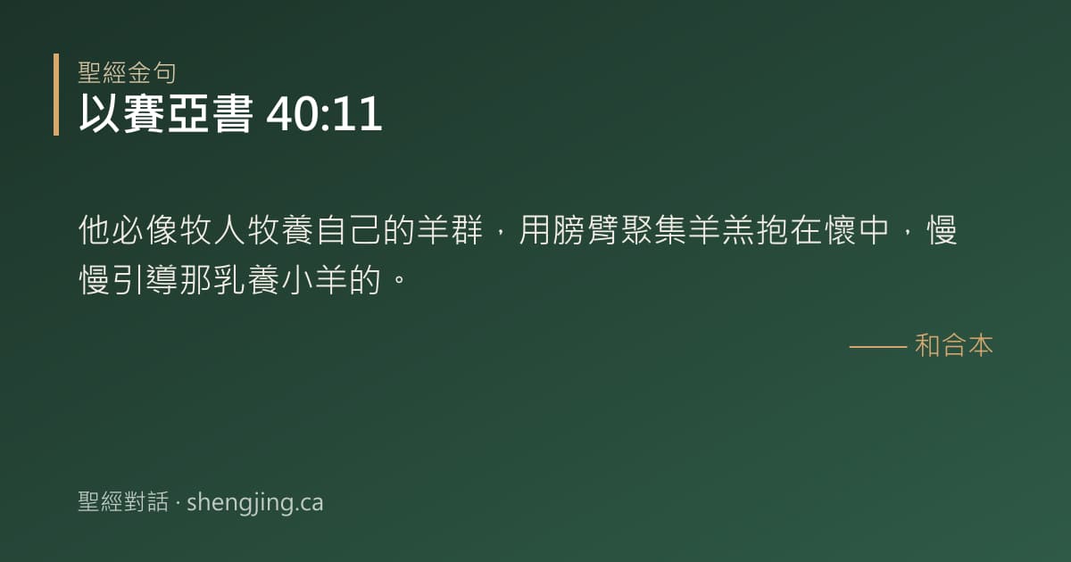 以賽亞書 40:11 經文圖片:他必像牧人牧養自己的羊群，用膀臂聚集羊羔抱在懷中，慢慢引導那乳養小羊的。