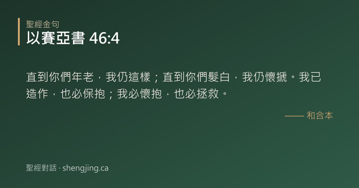 以賽亞書 46:4 經文圖片:直到你們年老，我仍這樣；直到你們髮白，我仍懷搋。我已造作，也必保抱；我必懷抱，也