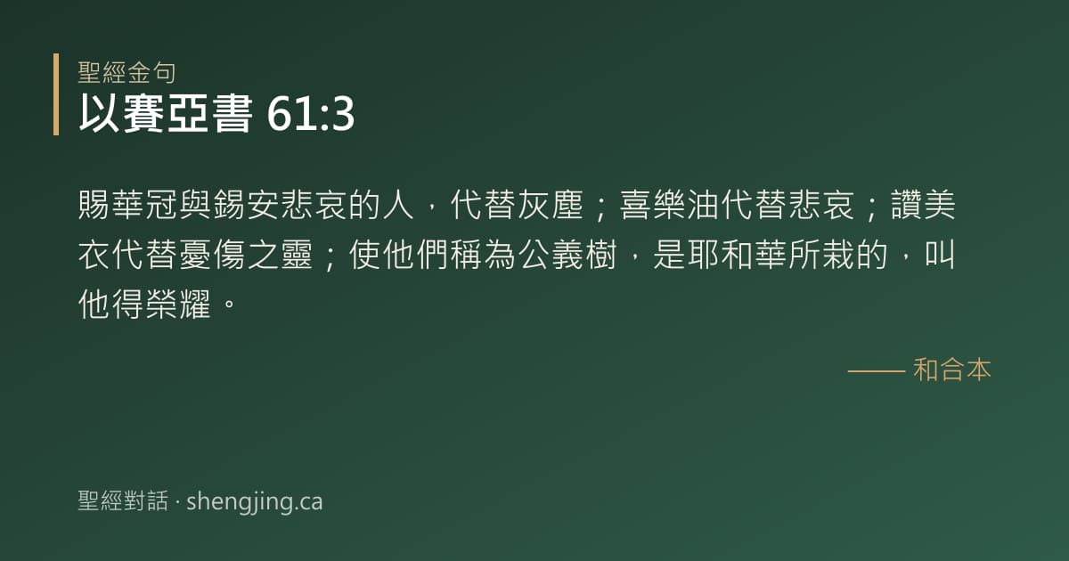 以賽亞書 61:3 經文圖片:賜華冠與錫安悲哀的人，代替灰塵；喜樂油代替悲哀；讚美衣代替憂傷之靈；使他們稱為公