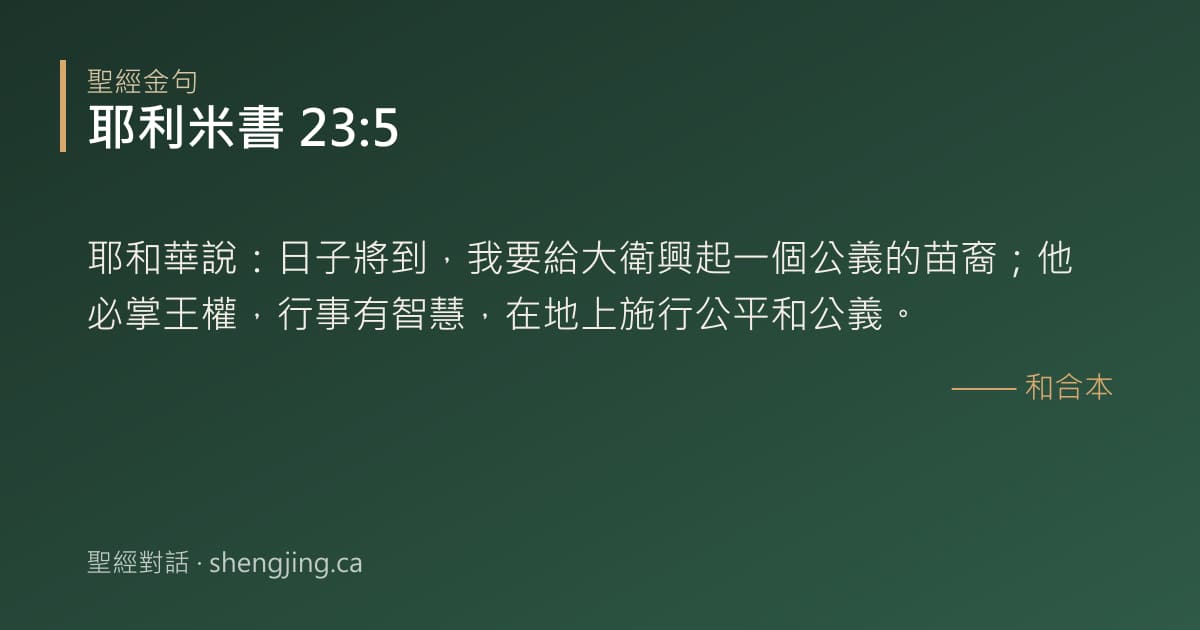 耶利米書 23:5 經文圖片:耶和華說：日子將到，我要給大衛興起一個公義的苗裔；他必掌王權，行事有智慧，在地上