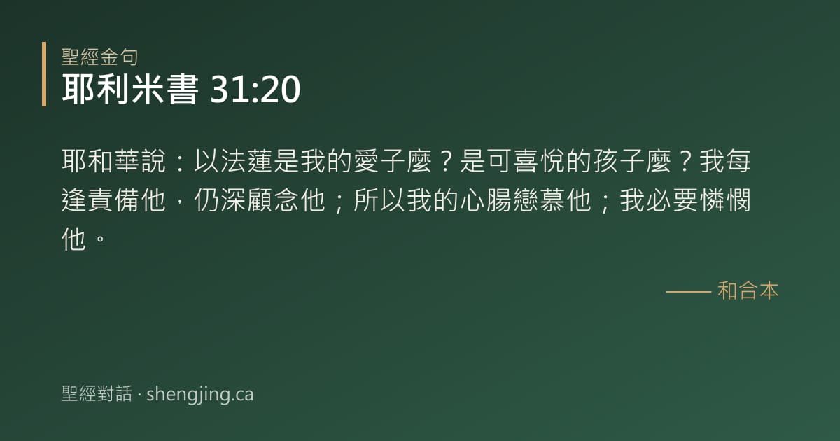 耶利米書 31:20 經文圖片:耶和華說：以法蓮是我的愛子麼？是可喜悅的孩子麼？我每逢責備他，仍深顧念他；所以我
