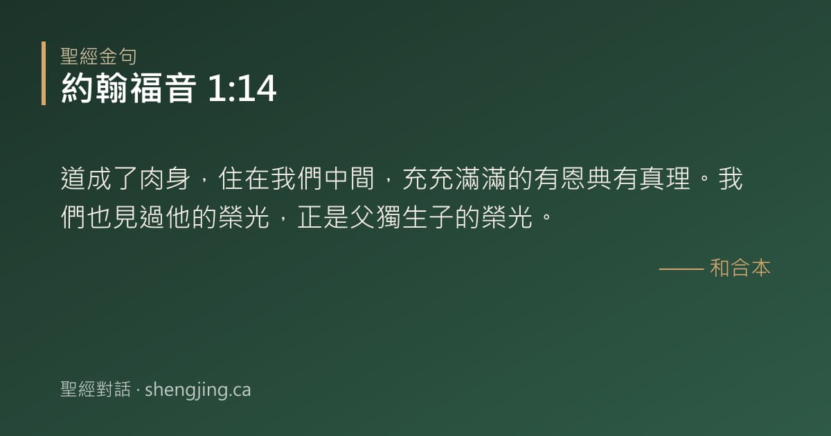 約翰福音 1:14 經文圖片:道成了肉身，住在我們中間，充充滿滿的有恩典有真理。我們也見過他的榮光，正是父獨生