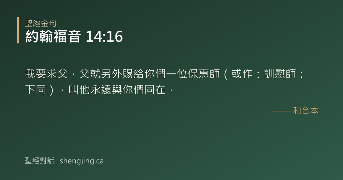 約翰福音 14:16 經文圖片:我要求父，父就另外賜給你們一位保惠師（或作：訓慰師；下同），叫他永遠與你們同在，