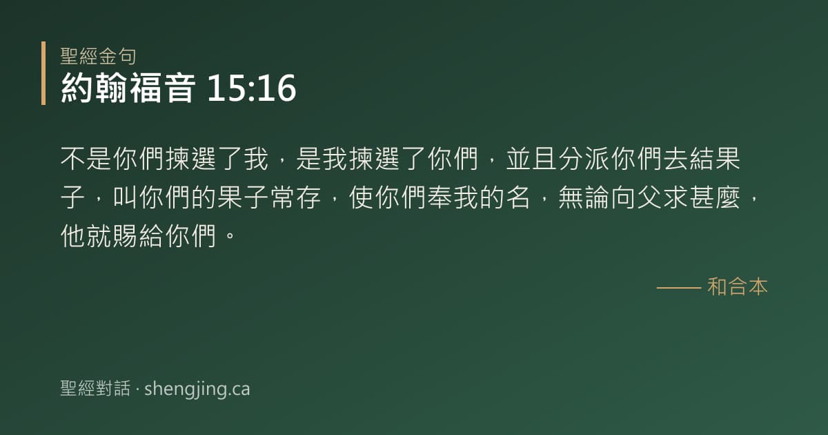約翰福音 15:16 經文圖片:不是你們揀選了我，是我揀選了你們，並且分派你們去結果子，叫你們的果子常存，使你們