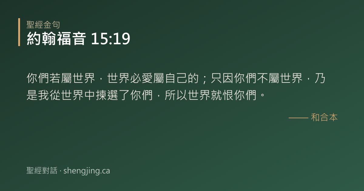 約翰福音 15:19 經文圖片:你們若屬世界，世界必愛屬自己的；只因你們不屬世界，乃是我從世界中揀選了你們，所以