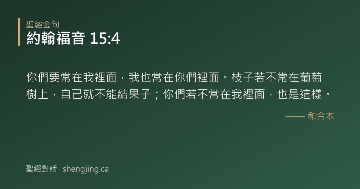 約翰福音 15:4 經文圖片:你們要常在我裡面，我也常在你們裡面。枝子若不常在葡萄樹上，自己就不能結果子；你們