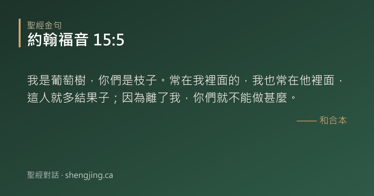 約翰福音 15:5 經文圖片:我是葡萄樹，你們是枝子。常在我裡面的，我也常在他裡面，這人就多結果子；因為離了我