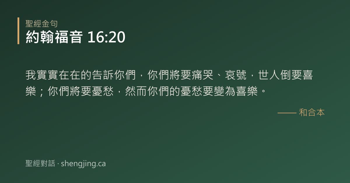 約翰福音 16:20 經文圖片:我實實在在的告訴你們，你們將要痛哭、哀號，世人倒要喜樂；你們將要憂愁，然而你們的