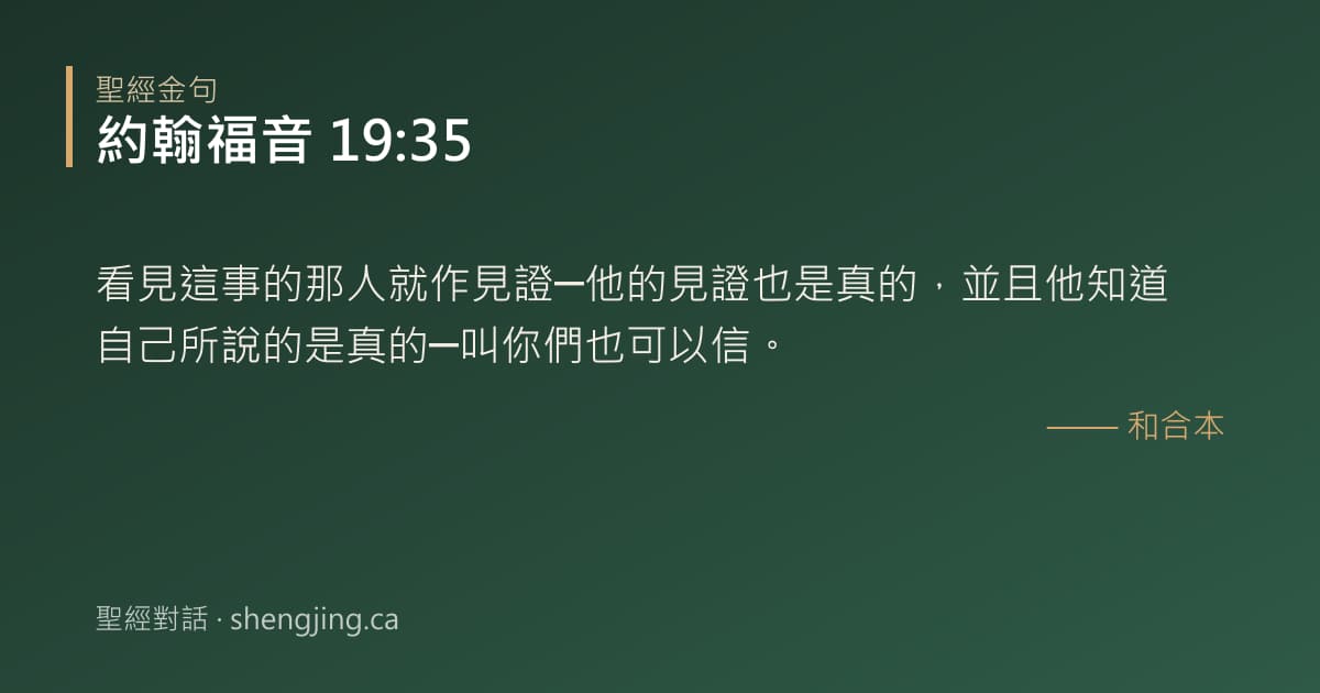 約翰福音 19:35 經文圖片:看見這事的那人就作見證─他的見證也是真的，並且他知道自己所說的是真的─叫你們也可