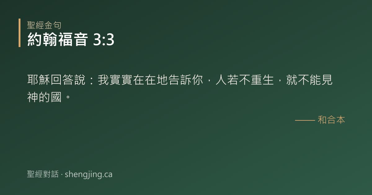 約翰福音 3:3 經文圖片:耶穌回答說：我實實在在地告訴你，人若不重生，就不能見神的國。