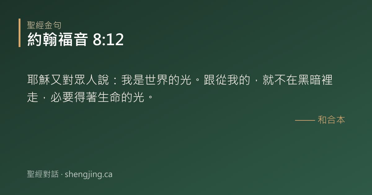 約翰福音 8:12 經文圖片:耶穌又對眾人說：我是世界的光。跟從我的，就不在黑暗裡走，必要得著生命的光。