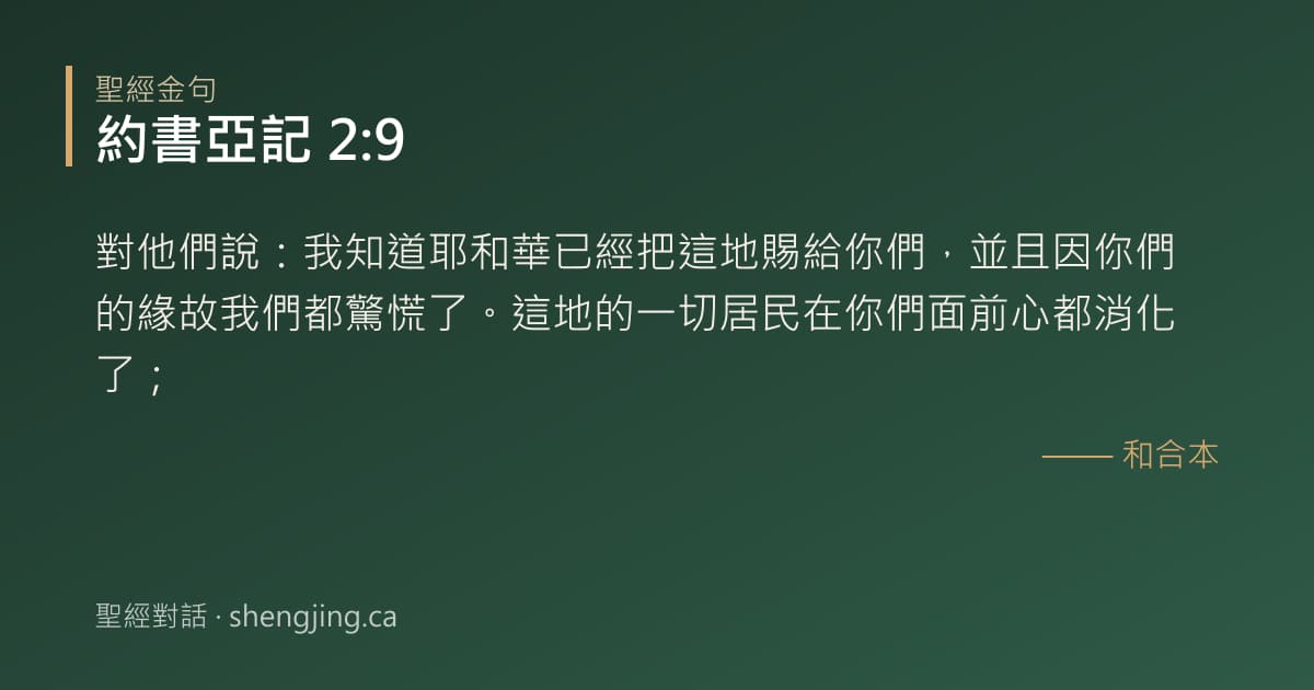 約書亞記 2:9 經文圖片:對他們說：我知道耶和華已經把這地賜給你們，並且因你們的緣故我們都驚慌了。這地的一