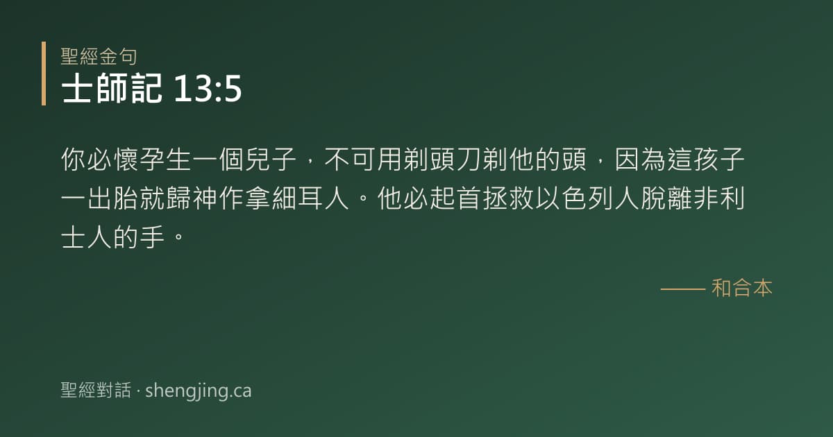 士師記 13:5 經文圖片:你必懷孕生一個兒子，不可用剃頭刀剃他的頭，因為這孩子一出胎就歸神作拿細耳人。他必