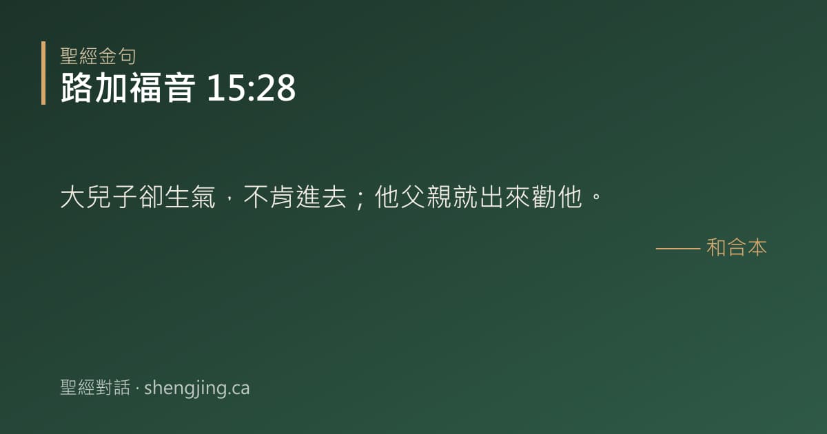 路加福音 15:28 經文圖片:大兒子卻生氣，不肯進去；他父親就出來勸他。