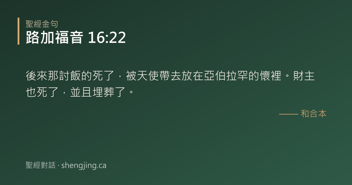 路加福音 16:22 經文圖片:後來那討飯的死了，被天使帶去放在亞伯拉罕的懷裡。財主也死了，並且埋葬了。