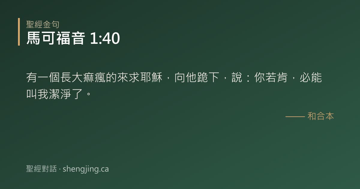 馬可福音 1:40 經文圖片:有一個長大痲瘋的來求耶穌，向他跪下，說：你若肯，必能叫我潔淨了。