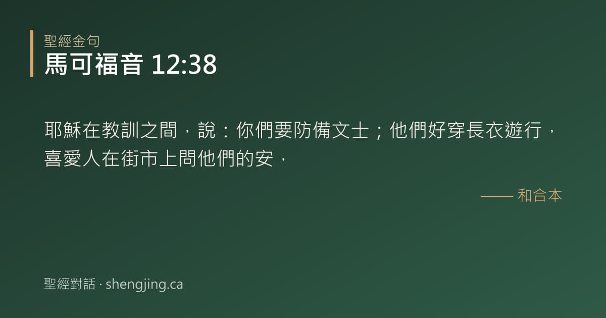 馬可福音 12:38 經文圖片:耶穌在教訓之間，說：你們要防備文士；他們好穿長衣遊行，喜愛人在街市上問他們的安，