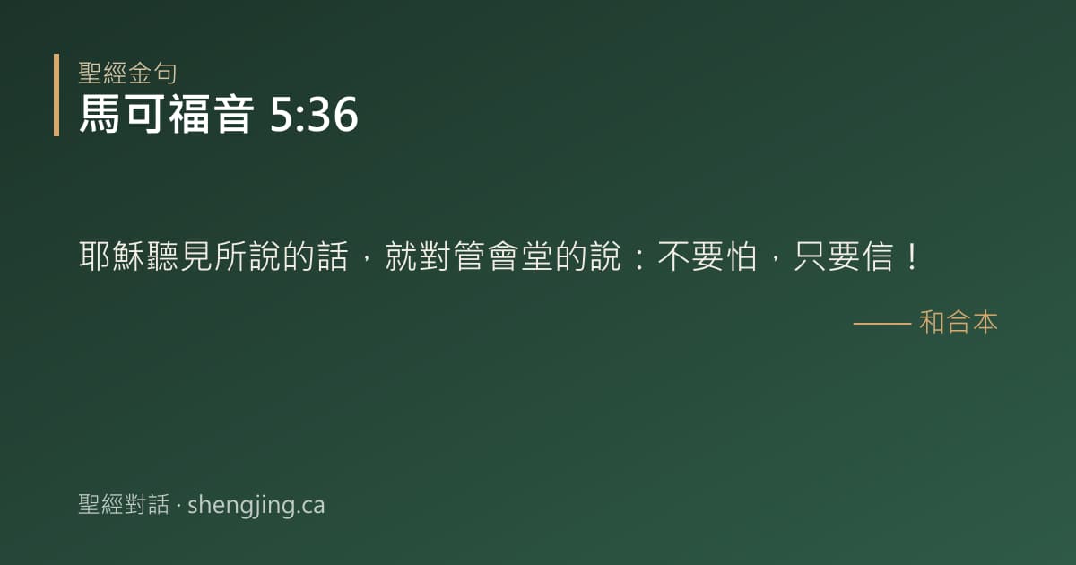 馬可福音 5:36 經文圖片:耶穌聽見所說的話，就對管會堂的說：不要怕，只要信！