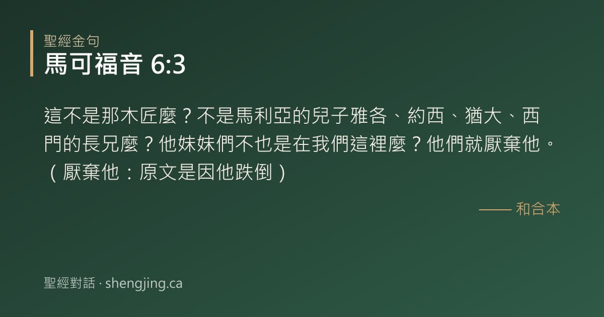 馬可福音 6:3 經文圖片:這不是那木匠麼？不是馬利亞的兒子雅各、約西、猶大、西門的長兄麼？他妹妹們不也是在