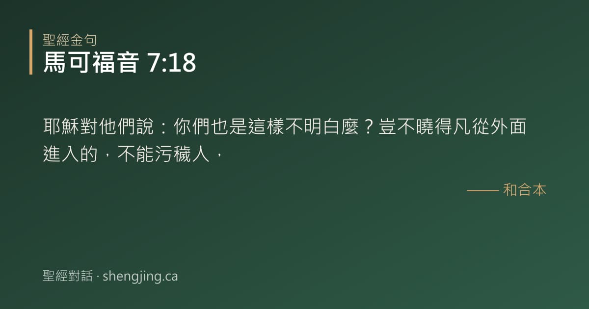 馬可福音 7:18 經文圖片:耶穌對他們說：你們也是這樣不明白麼？豈不曉得凡從外面進入的，不能污穢人，