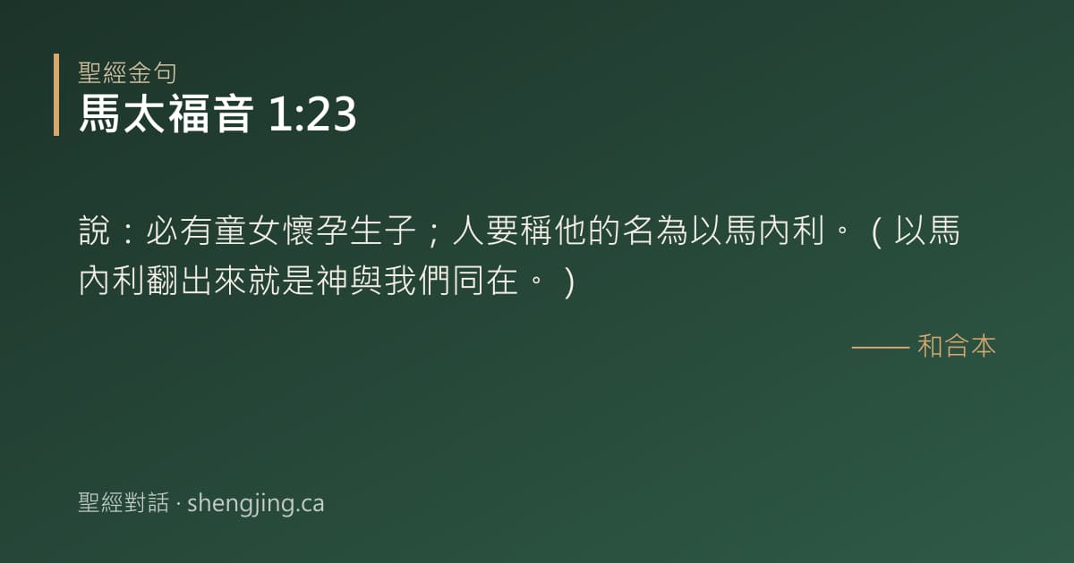 馬太福音 1:23 經文圖片:說：必有童女懷孕生子；人要稱他的名為以馬內利。（以馬內利翻出來就是神與我們同在。
