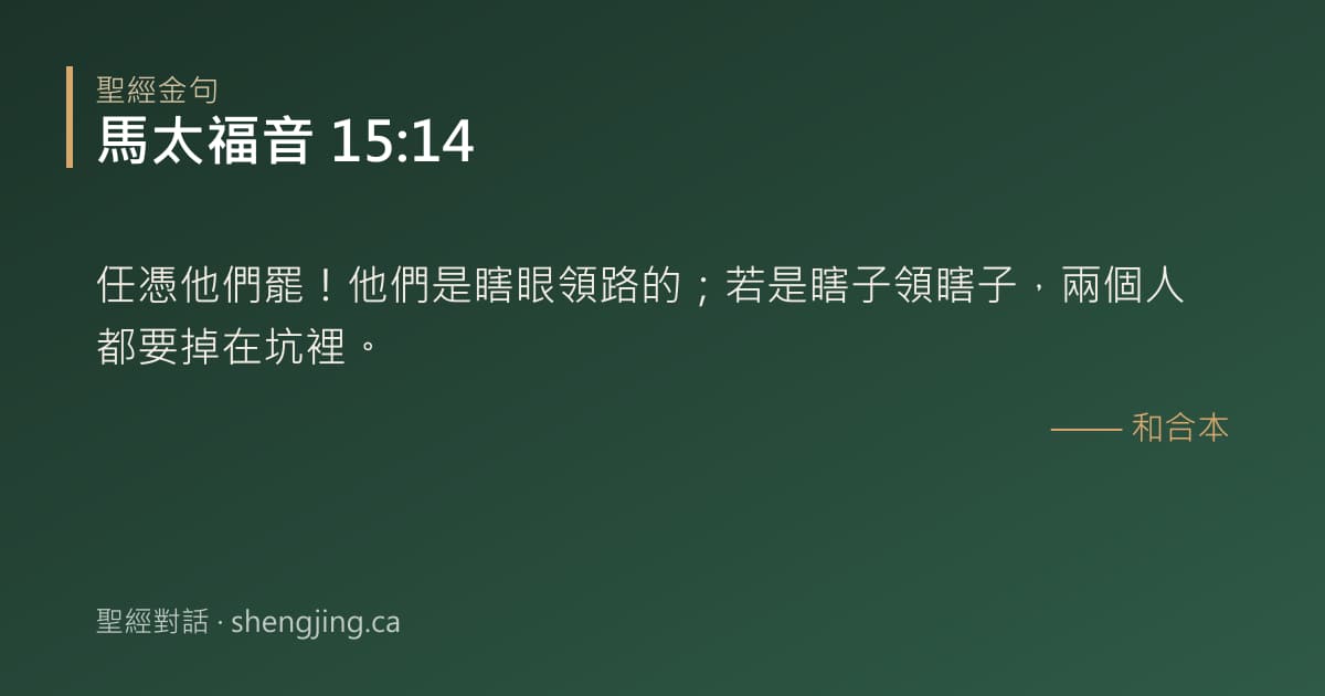 馬太福音 15:14 經文圖片:任憑他們罷！他們是瞎眼領路的；若是瞎子領瞎子，兩個人都要掉在坑裡。