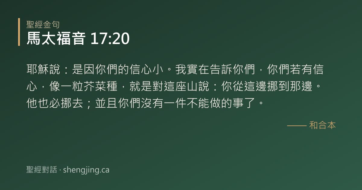 馬太福音 17:20 經文圖片:耶穌說：是因你們的信心小。我實在告訴你們，你們若有信心，像一粒芥菜種，就是對這座