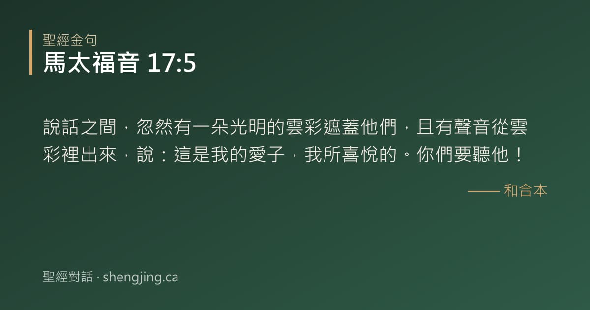 馬太福音 17:5 經文圖片:說話之間，忽然有一朵光明的雲彩遮蓋他們，且有聲音從雲彩裡出來，說：這是我的愛子，