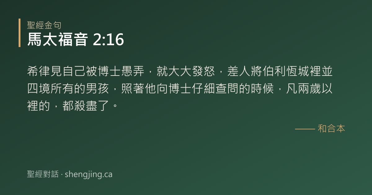 馬太福音 2:16 經文圖片:希律見自己被博士愚弄，就大大發怒，差人將伯利恆城裡並四境所有的男孩，照著他向博士